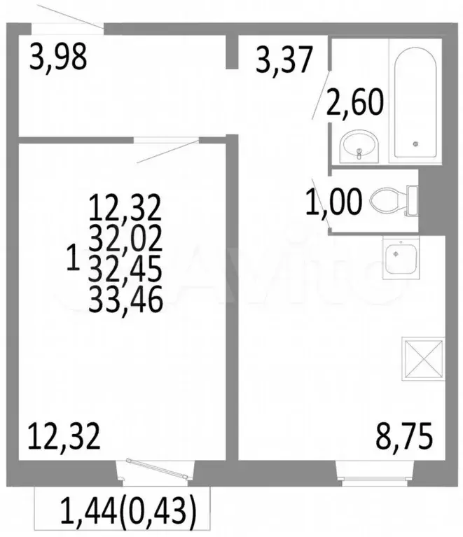 1-к. квартира, 32,5 м, 6/10 эт. - Фото 0