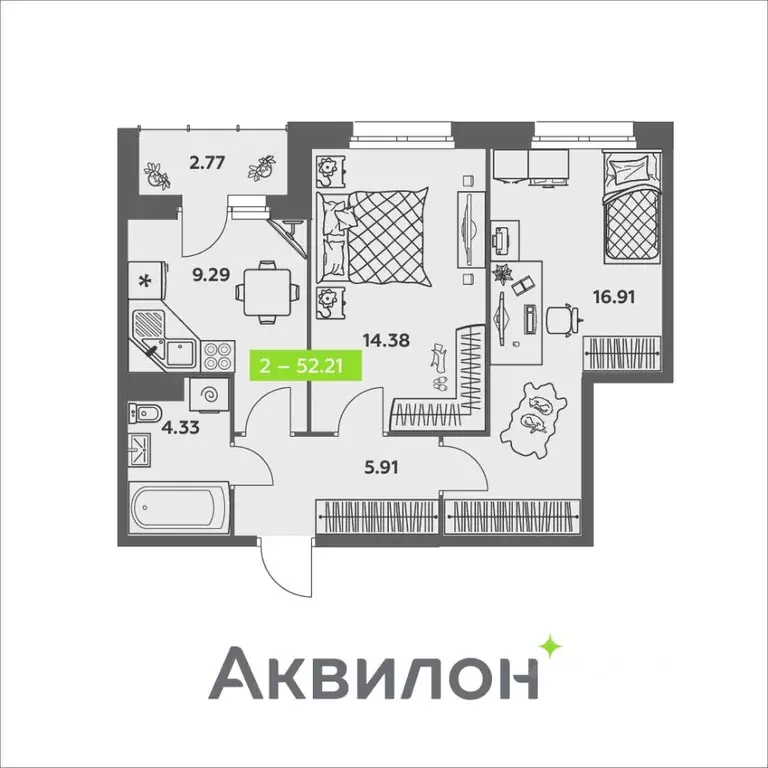 2-к кв. Архангельская область, Архангельск ул. Валявкина, 38к2 (52.21 ... - Фото 0