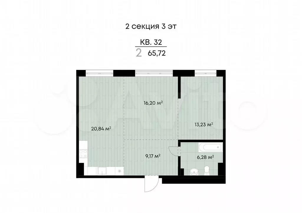 2-к. квартира, 65,7 м, 3/9 эт. - Фото 0