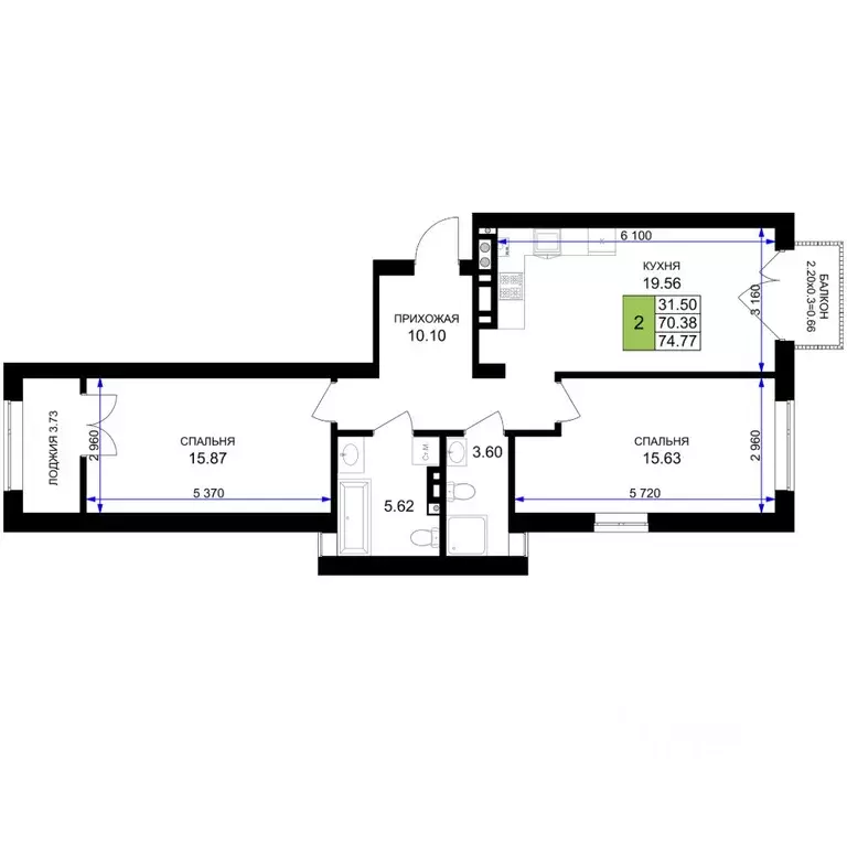 2-к кв. Калининградская область, Гурьевск Включи жилой комплекс (74.77 ... - Фото 1