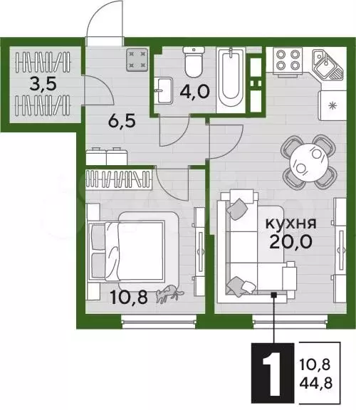 1-к. квартира, 44,8 м, 17/19 эт. - Фото 1