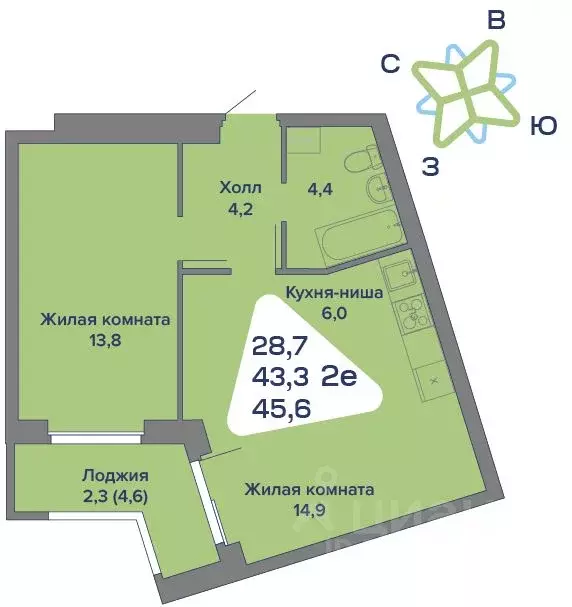 2-к кв. Пермский край, с. Култаево ул. Первоцветная, 107 (45.6 м) - Фото 0