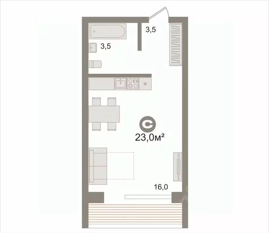 Студия Новосибирская область, Новосибирск ул. Фадеева, 66/5 (23.0 м) - Фото 2