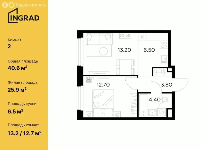 1-комнатная квартира: Мытищи, жилой комплекс Белый Grad, к11.2 (35.1 ... - Фото 0