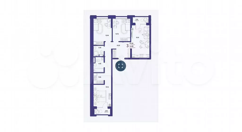 3-к. квартира, 80 м, 13/16 эт. - Фото 1