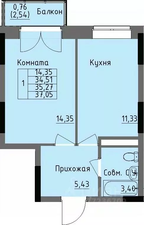 1-к кв. Удмуртия, Ижевск Строитель жилрайон, 4-й мкр,  (35.27 м) - Фото 0