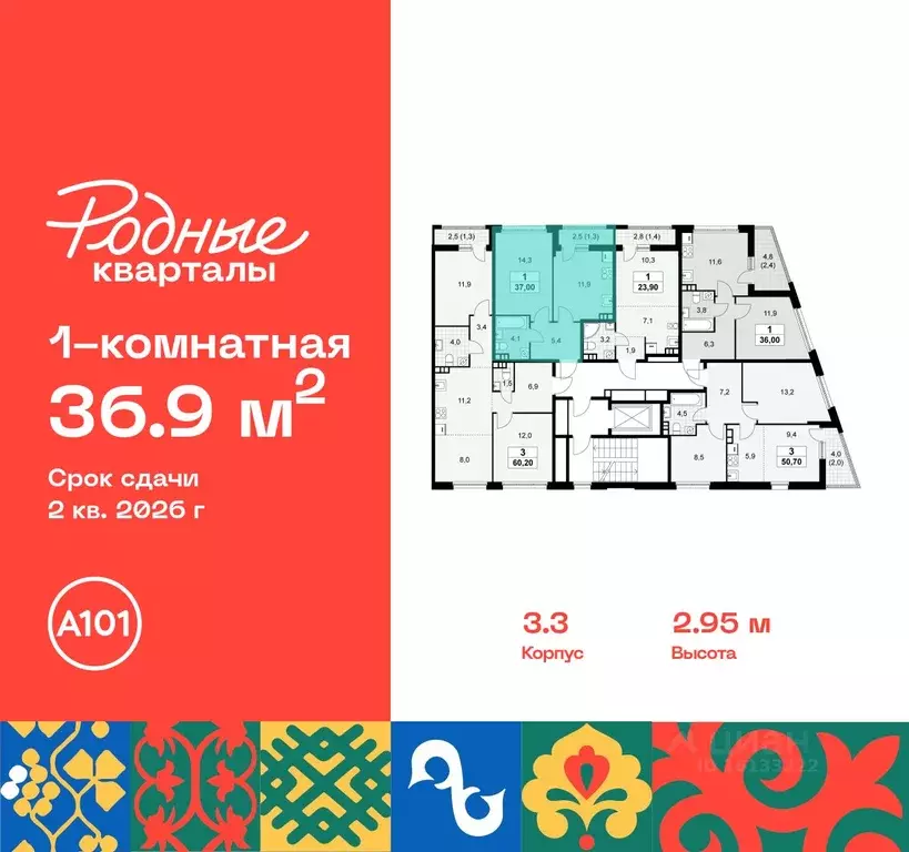 1-к кв. Москва Родные кварталы жилой комплекс, 3.3 (36.9 м) - Фото 1