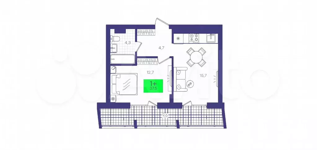 1-к. квартира, 37,5 м, 5/9 эт. - Фото 1