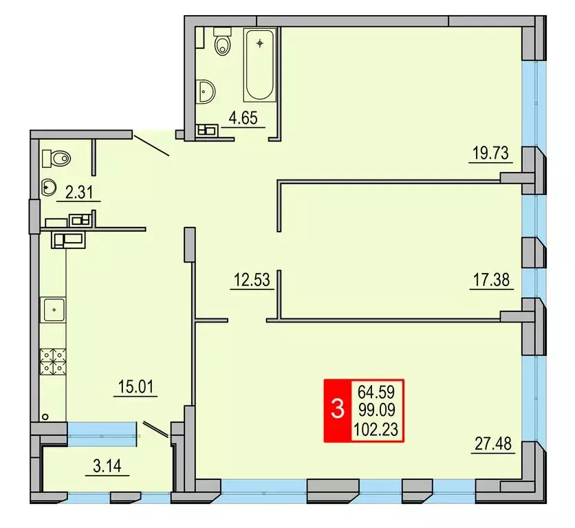 3-комнатная квартира: Тверь, Петербургское шоссе, 13к2 (102.23 м) - Фото 1