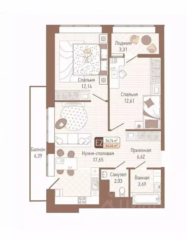 2-к кв. Тульская область, Тула проезд 2-й Клинской, 8 (60.4 м) - Фото 0