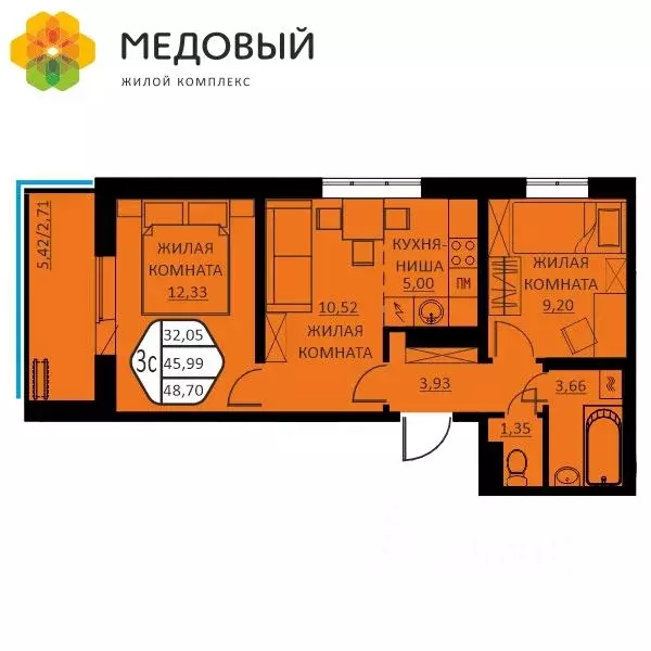 3-к кв. Пермский край, д. Кондратово ул. Г.Н. Нифантова, 12 (48.7 м) - Фото 0