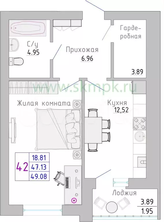 1-к. квартира, 49,1 м, 1/7 эт. - Фото 1