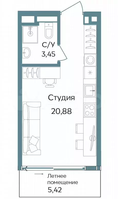 Апартаменты-студия, 29,8 м, 7/12 эт. - Фото 0