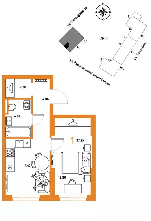 1-комнатная квартира: Новосибирск, Тополёвая улица, с21 (37.25 м) - Фото 1