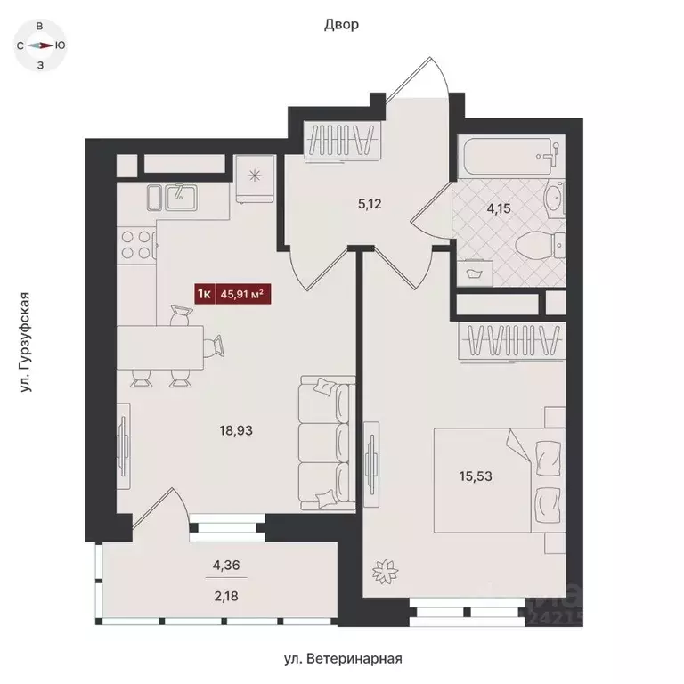 1-к кв. Свердловская область, Екатеринбург ул. Ветеринарная (45.91 м) - Фото 0