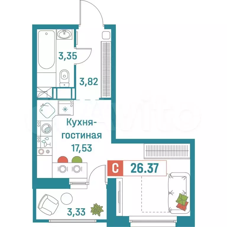 Квартира-студия, 26,4 м, 12/18 эт. - Фото 0