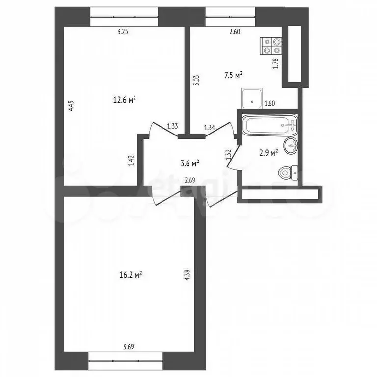 2-к. квартира, 42,8 м, 2/2 эт. - Фото 0