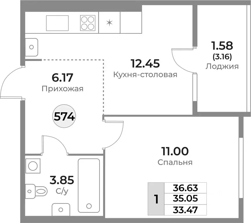 1-к кв. Калининградская область, Калининград Пригородная ул. (35.05 м) - Фото 0