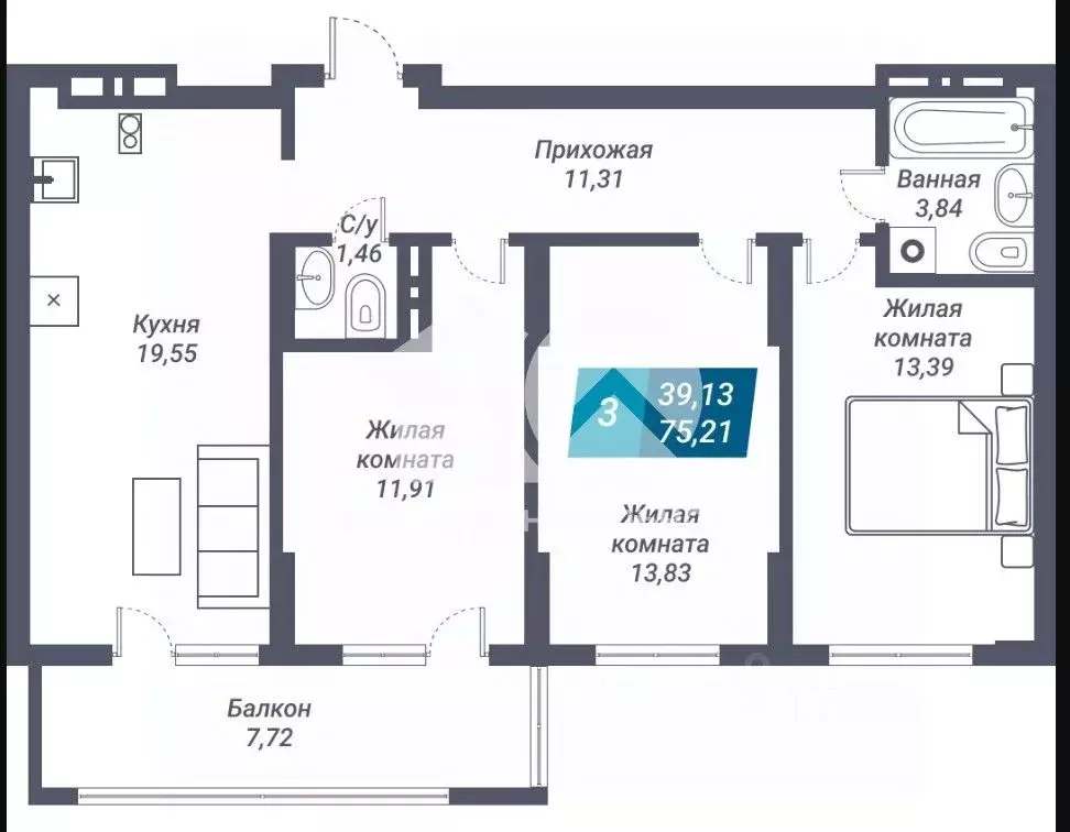 3-к кв. Новосибирская область, Новосибирск ул. Королева, 19 (75.21 м) - Фото 1