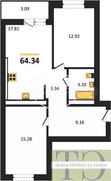 2-к. квартира, 64,3 м, 6/8 эт. - Фото 0
