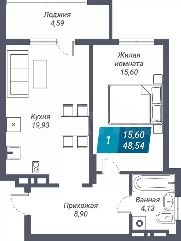 1-к. квартира, 48,5 м, 22/25 эт. - Фото 0