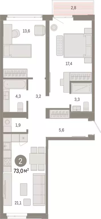 2-комнатная квартира: Тюмень, Ленинский округ (73 м) - Фото 1