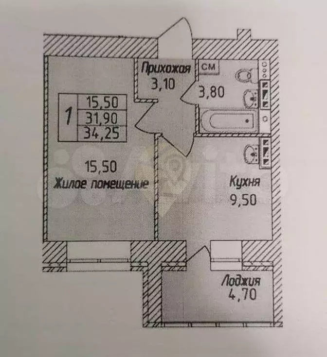 1-к. квартира, 34,3 м, 8/8 эт. - Фото 0