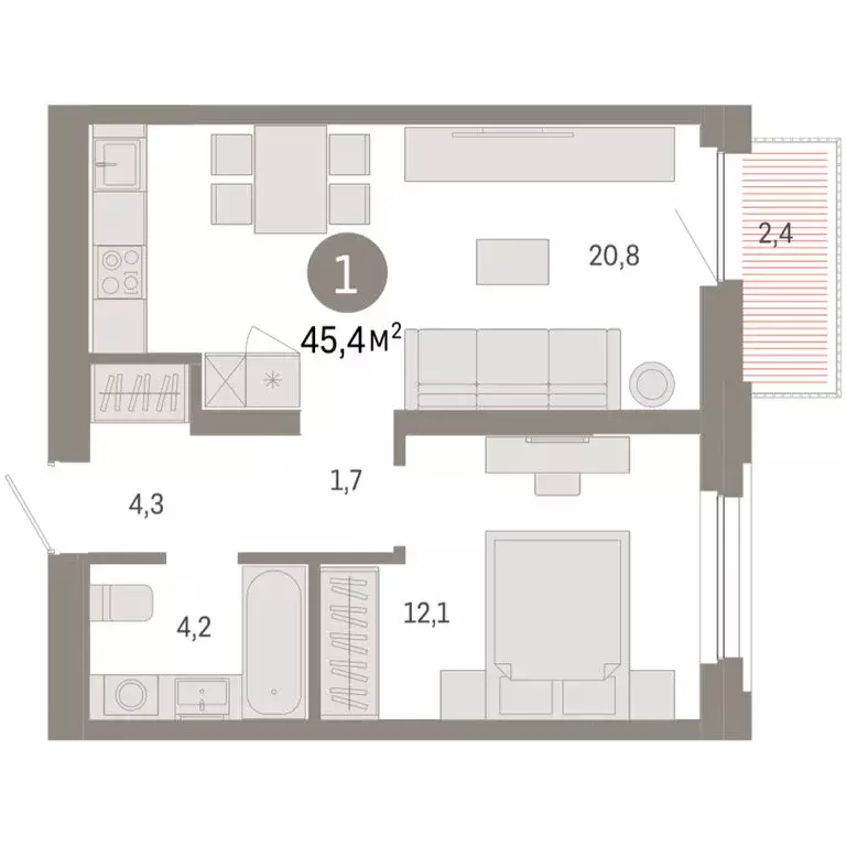 1-комнатная квартира: Тюмень, Мысовская улица, 26к2 (45.38 м) - Фото 1