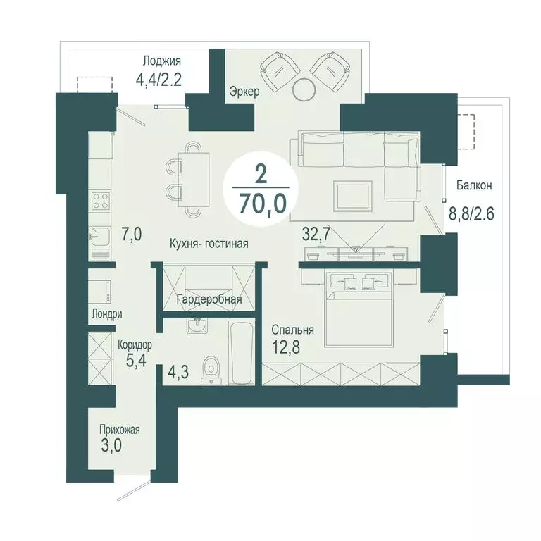 2-комнатная квартира: Красноярск, улица Авиаторов, 32 (70 м) - Фото 0