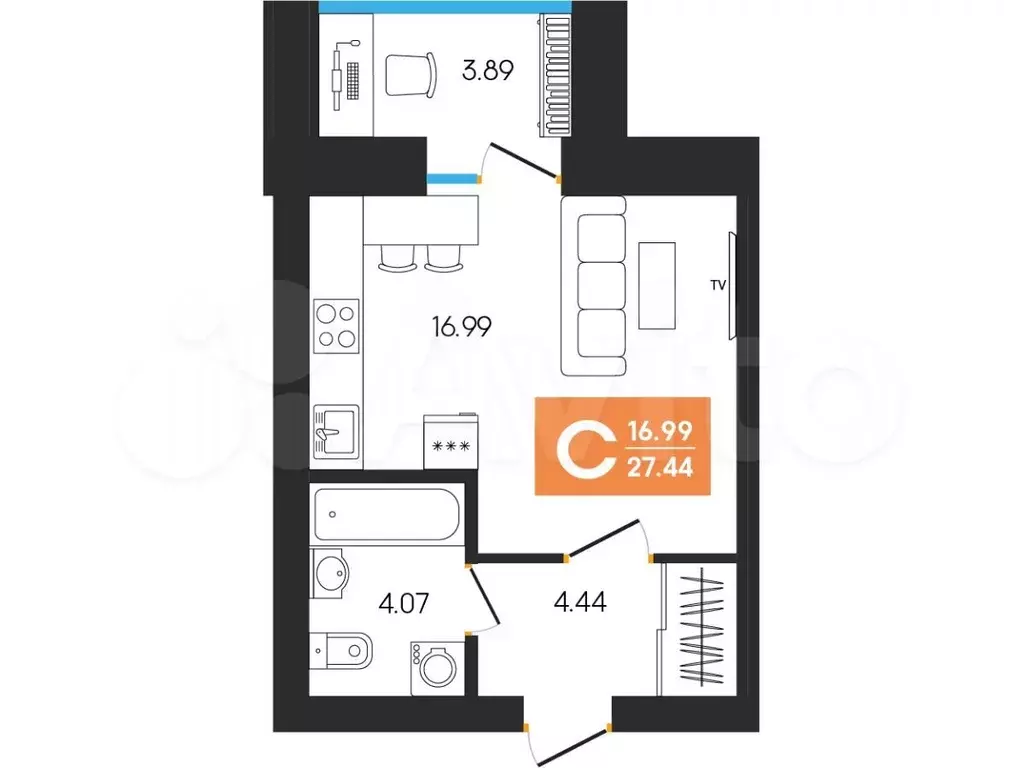 Квартира-студия, 27,4 м, 1/8 эт. - Фото 0