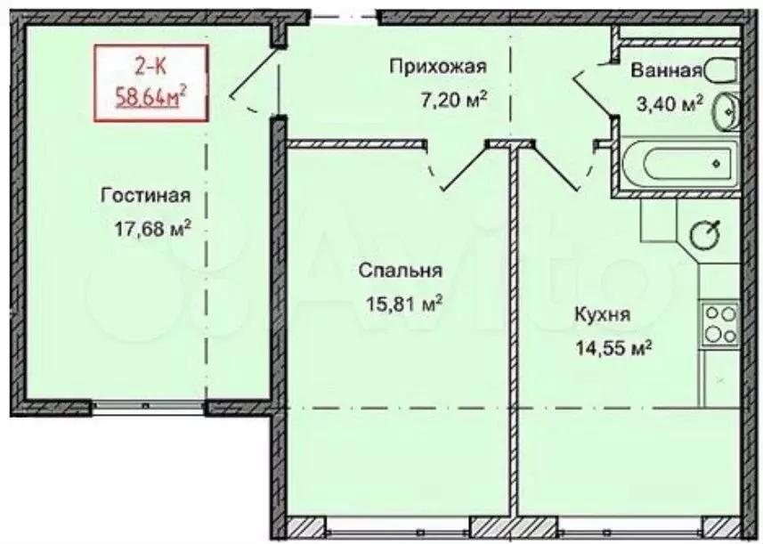 2-к. квартира, 58,6 м, 5/13 эт. - Фото 1