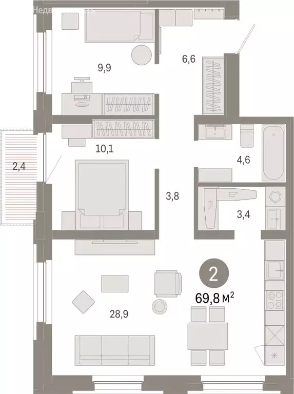 2-комнатная квартира: Тюмень, Центральный округ (69.78 м) - Фото 0