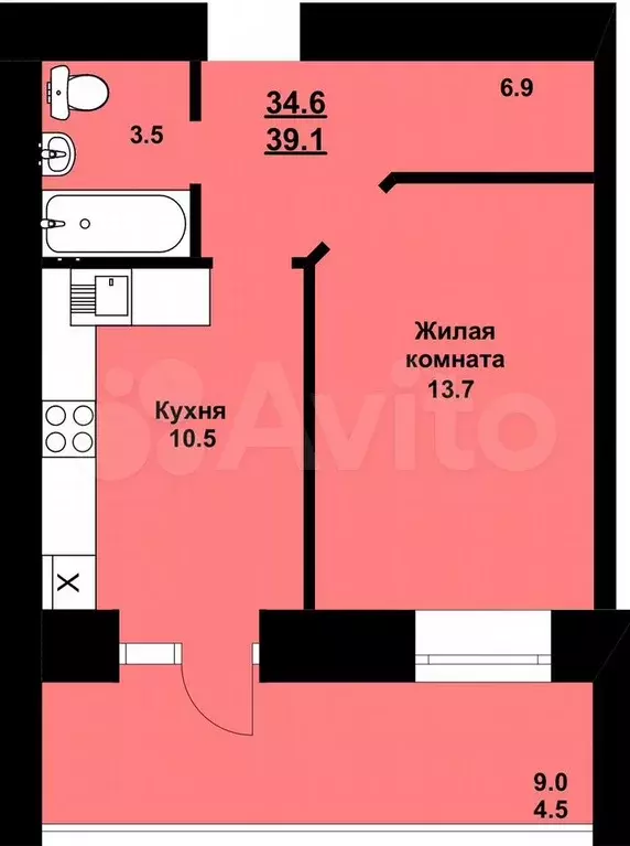 1-к. квартира, 39 м, 5/10 эт. - Фото 0