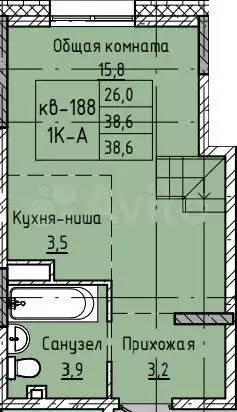 1-к. квартира, 38,6 м, 1/12 эт. - Фото 0