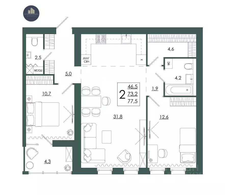 2-к кв. Смоленская область, Смоленск ул. 2-я Киевская, 20Ак1 (77.5 м) - Фото 1