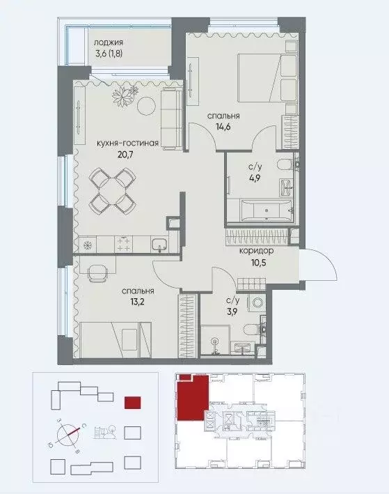 2-к кв. Москва 6-й кв-л, Остров жилой комплекс, 12к1 (74.9 м) - Фото 1