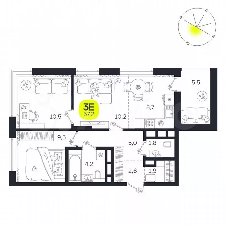 3-к. квартира, 57,1 м, 23/27 эт. - Фото 1