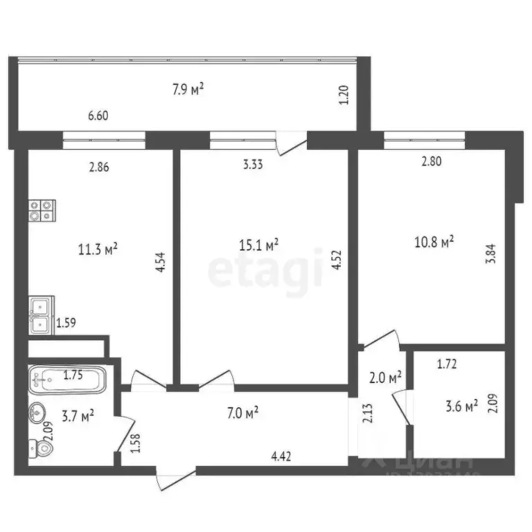 2-к кв. Тюменская область, Тюмень ул. Ю.-Р.Г. Эрвье, 12к1 (55.3 м) - Фото 2