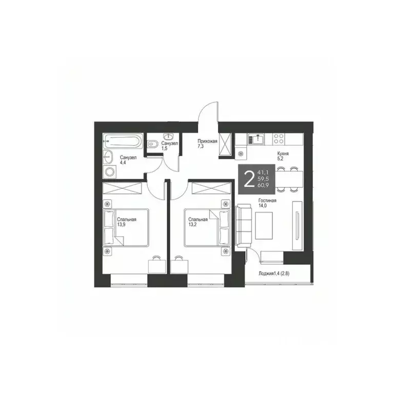 2-к кв. Татарстан, Альметьевск ул. Гафиатуллина, 62 (60.9 м) - Фото 0
