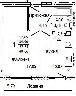 1-к. квартира, 40,7 м, 8/10 эт. - Фото 0