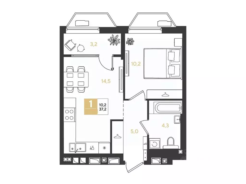 1-к кв. Краснодарский край, Краснодар Самолет кв-л,  (37.2 м) - Фото 1