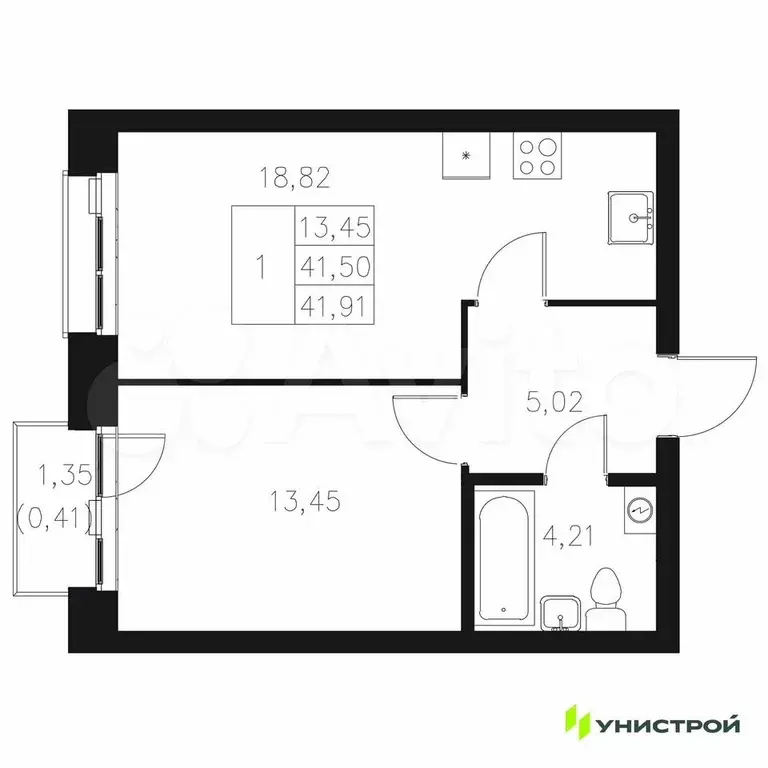 1-к. квартира, 41,9 м, 4/8 эт. - Фото 0