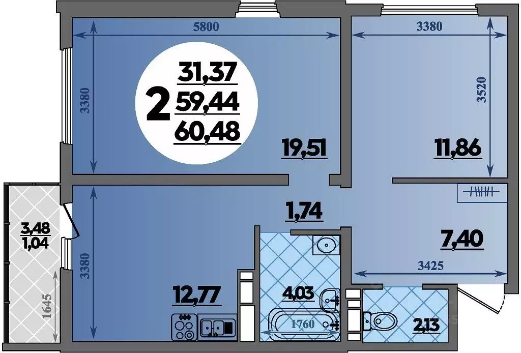 2-к кв. Адыгея, Майкоп ул. Михайлова, 7 (60.48 м) - Фото 1