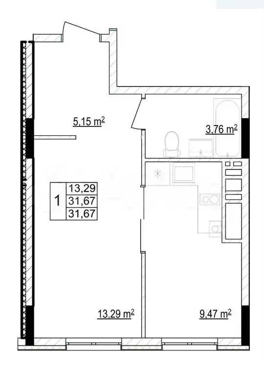 1-к. квартира, 31,7 м, 3/8 эт. - Фото 0