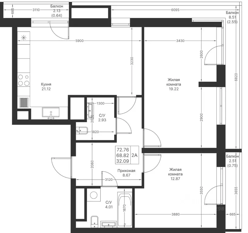 2-к кв. Татарстан, Казань Мой Ритм жилой комплекс, ПК14 (72.76 м) - Фото 2