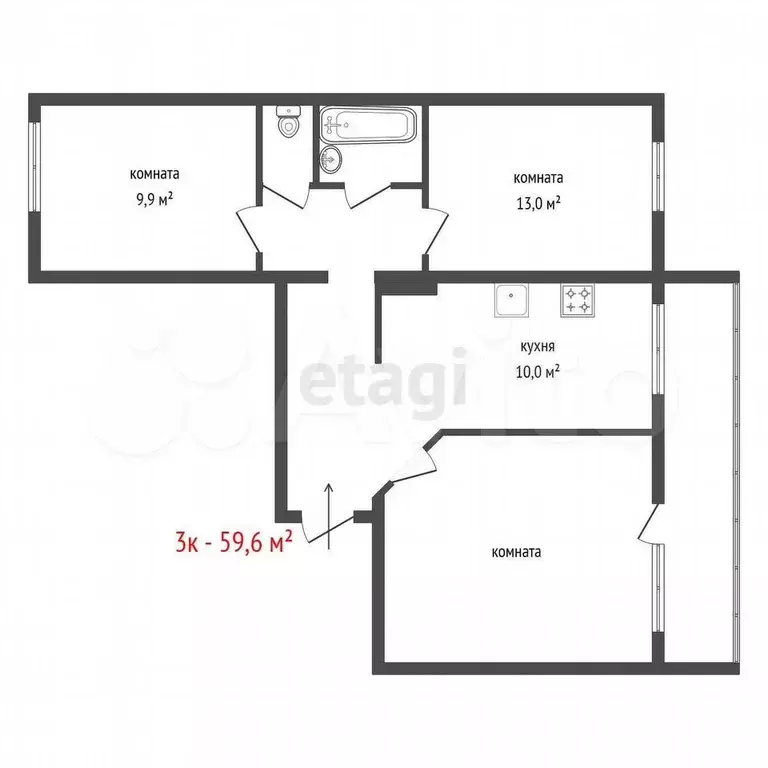 3-к. квартира, 59,6 м, 9/9 эт. - Фото 0