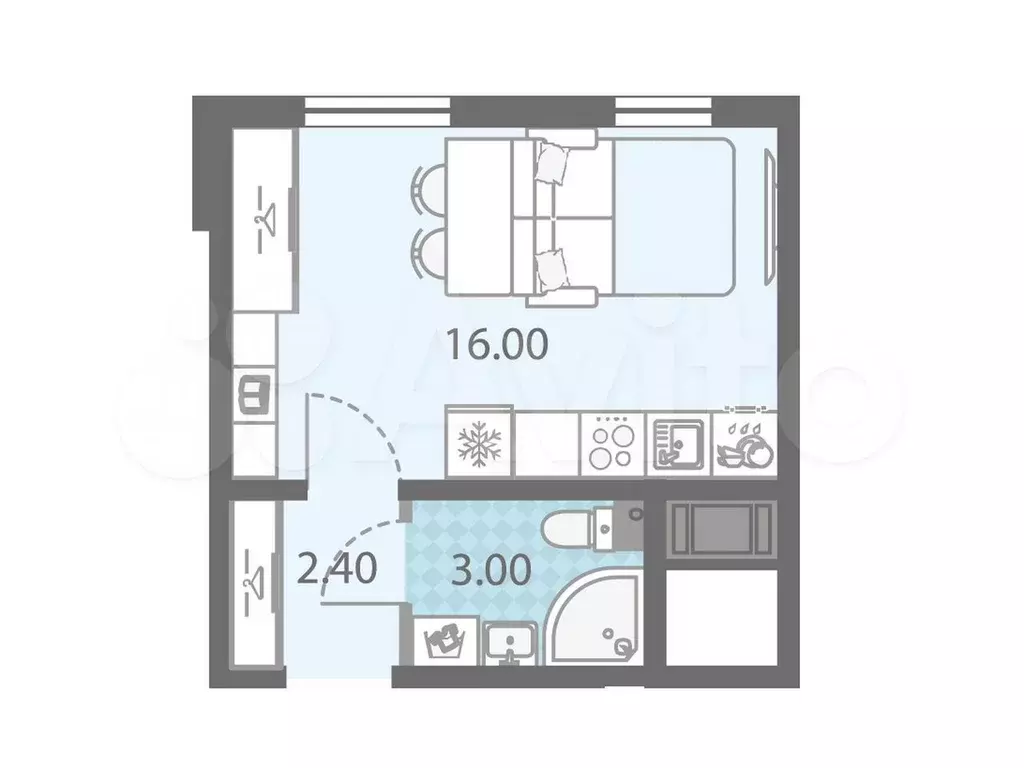 Квартира-студия, 21,4 м, 12/16 эт. - Фото 0