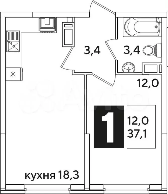 1-к. квартира, 37,1 м, 13/16 эт. - Фото 0