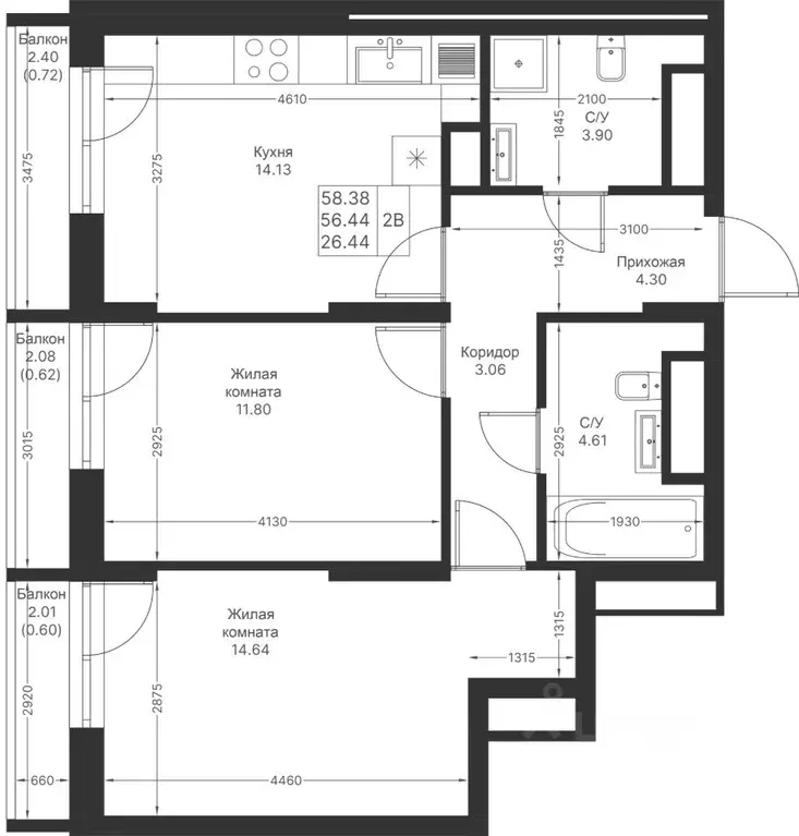 2-к кв. Татарстан, Казань Мой Ритм жилой комплекс, ПК14 (58.38 м) - Фото 1