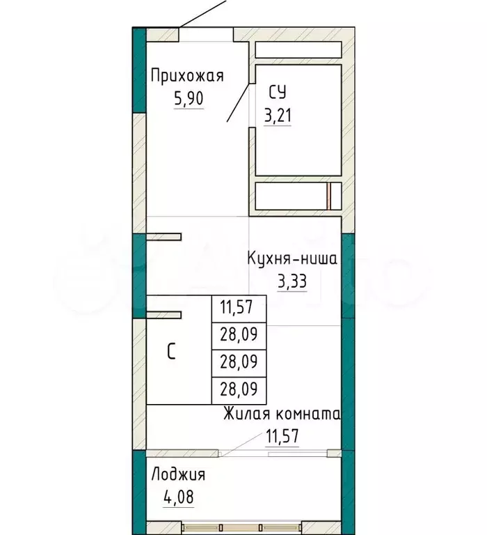 Квартира-студия, 28,1м, 25/25эт. - Фото 0